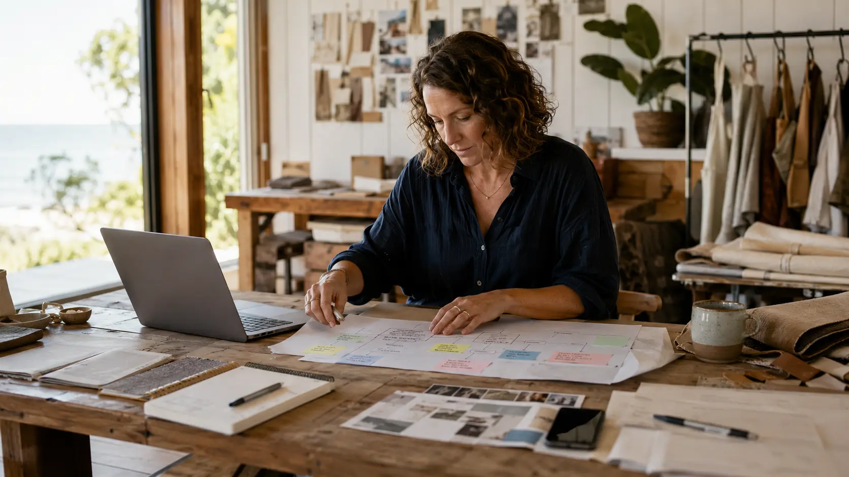 A small-business owner connecting process maps, customer information and working notes at a studio table.
